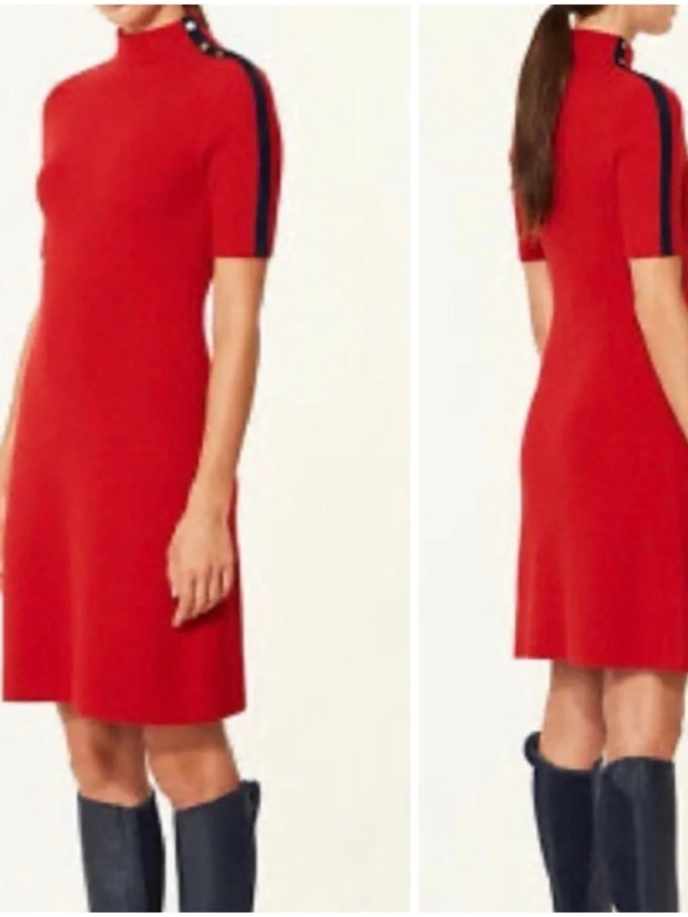Tory Burch Sardy Red Sweater Dress Women Size L Merino Wool Stripe Mock Neck NWT